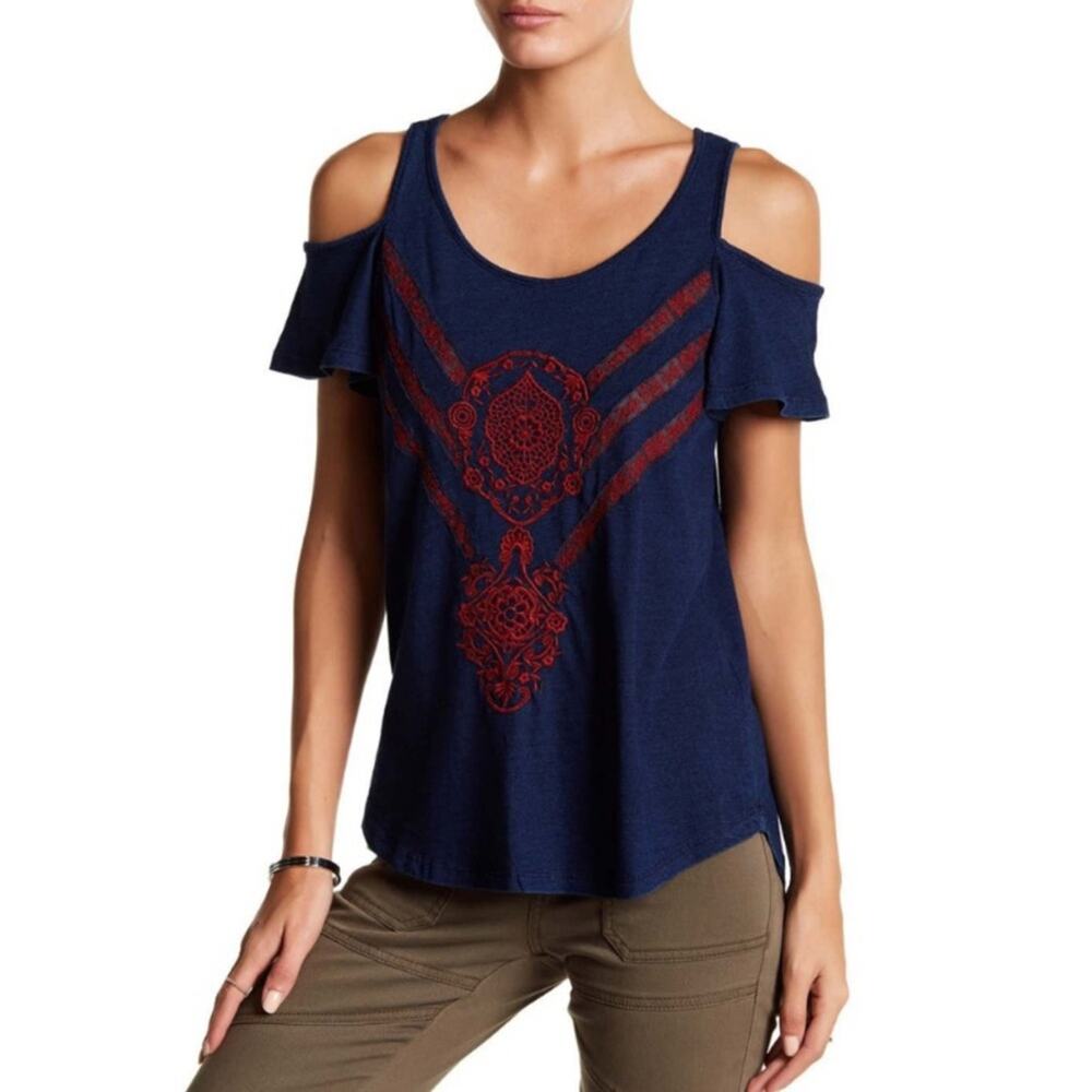 Lucky Brand Embroidered Cold Shoulder Top Size S